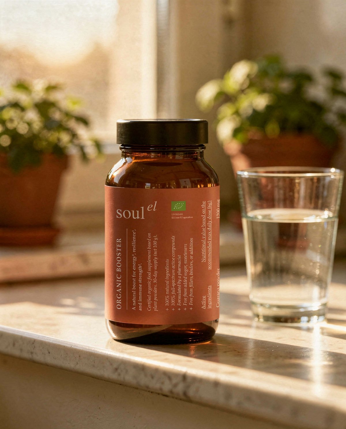 Soulel Organic Booster on a sunlit kitchen windowsill
