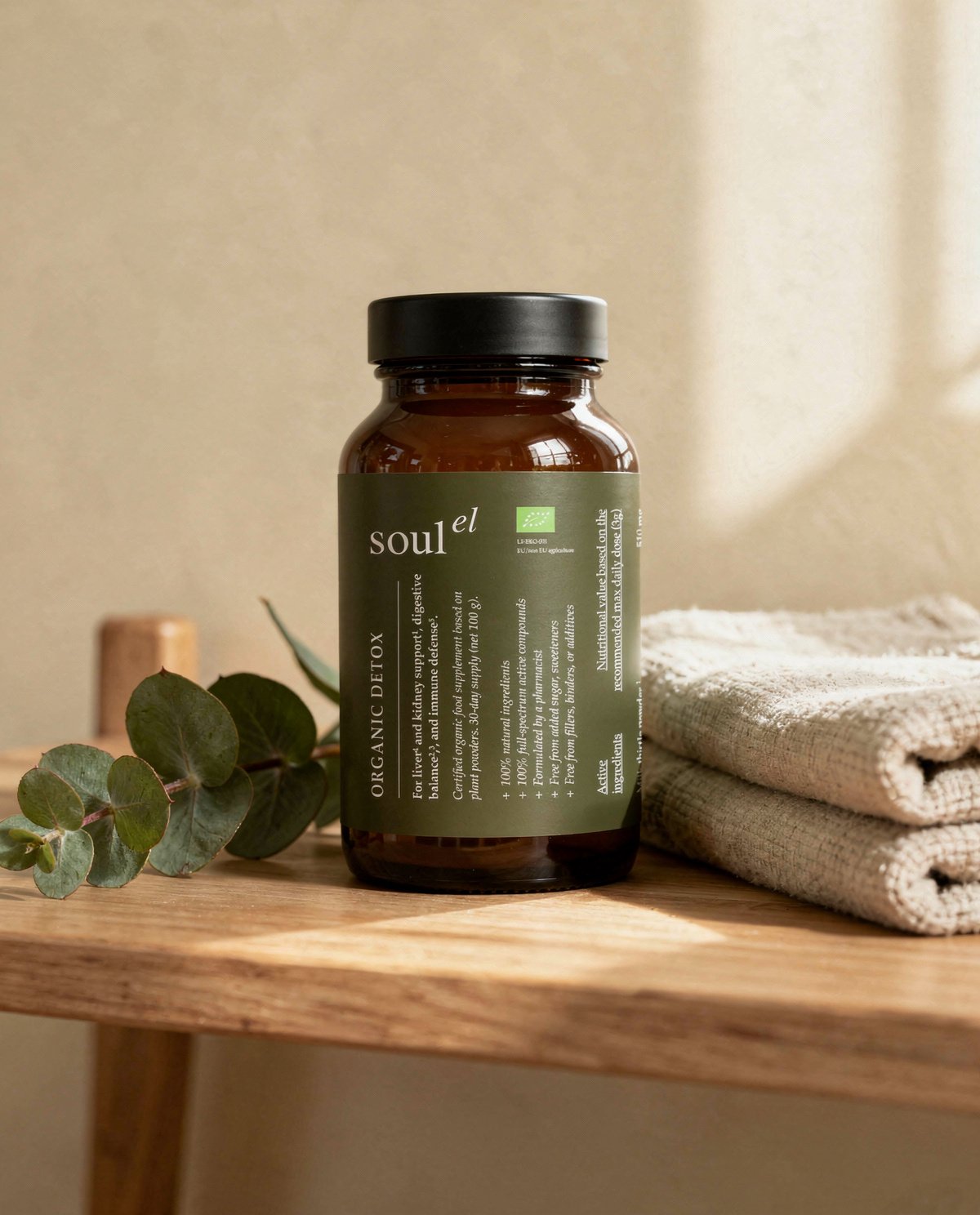 Soulel Organic Detox on a bathroom shelf with eucalyptus