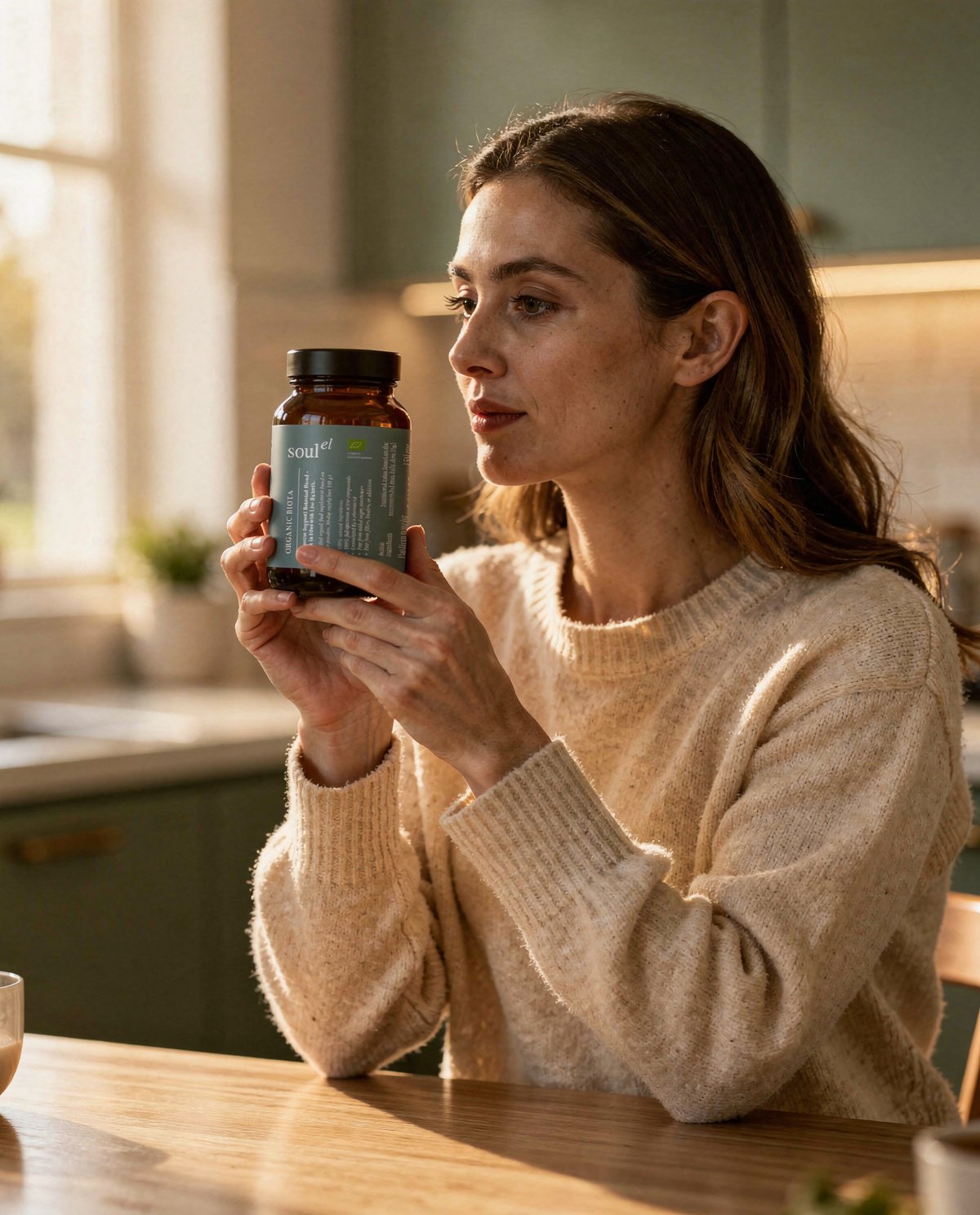 Woman holding a Soulel Organic Biota bottle in her kitchen