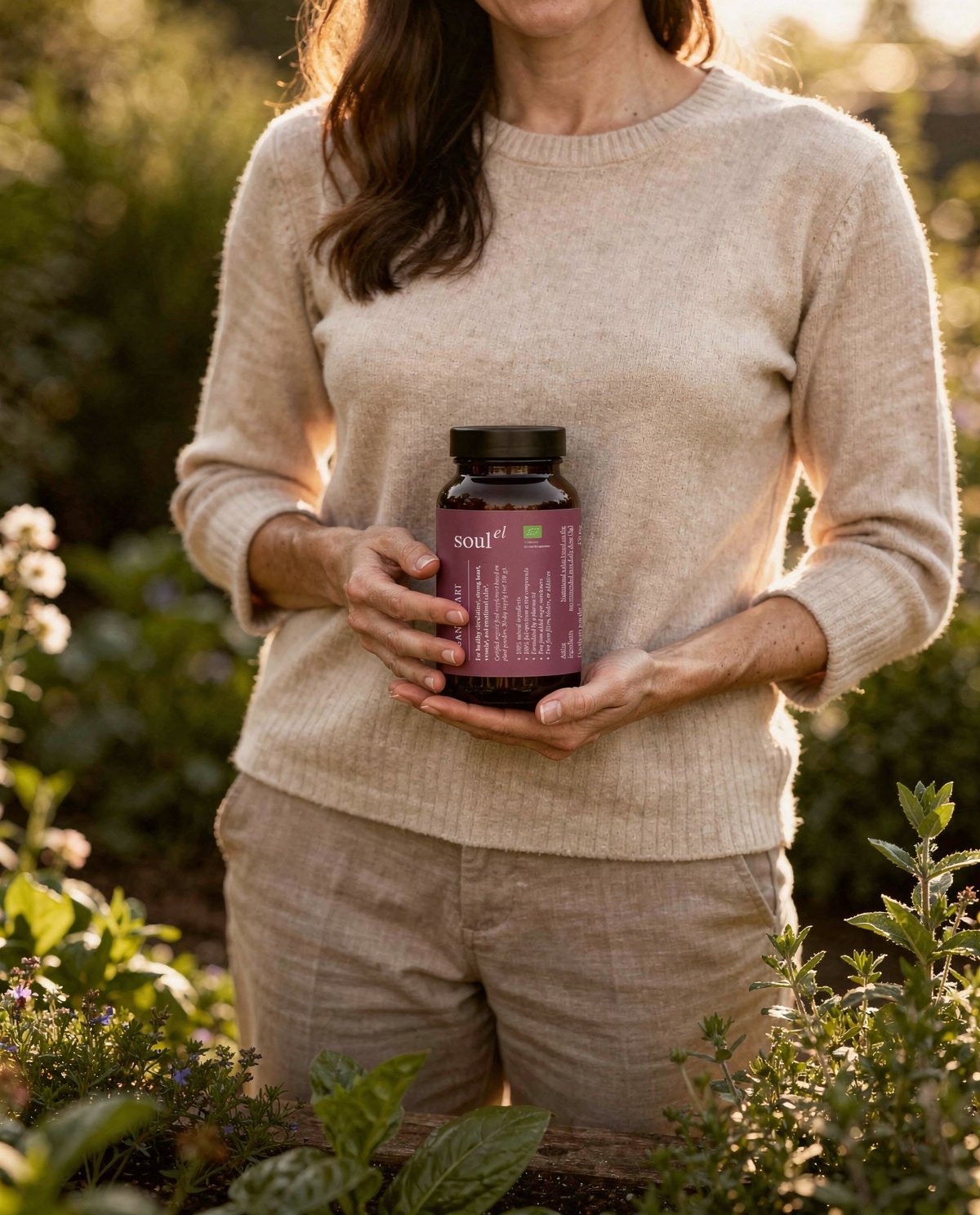 Person in a garden holding a Soulel Organic Heart bottle