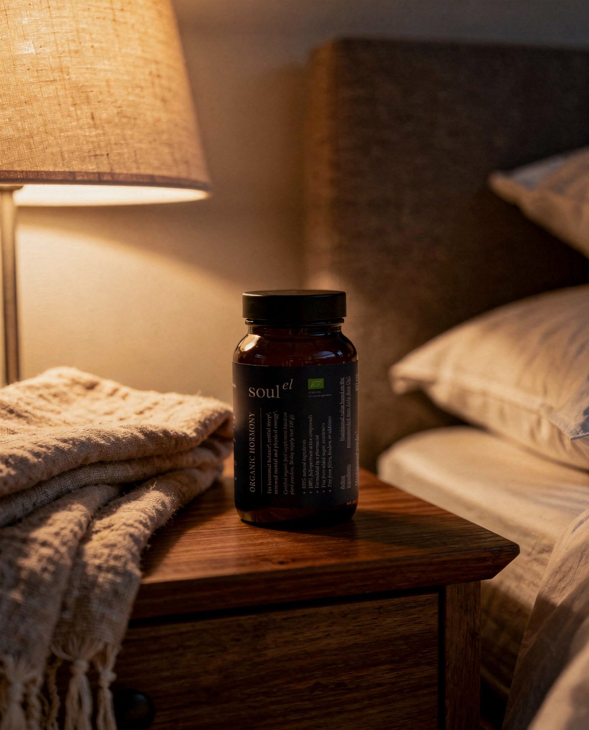Soulel Organic Hormony on a bedside nightstand in warm evening light